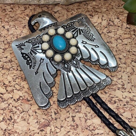 Unique Thunderbird T-Bird White Blue Turquoise Concho Lariat Bolo Tie Western - Picture 15 of 16